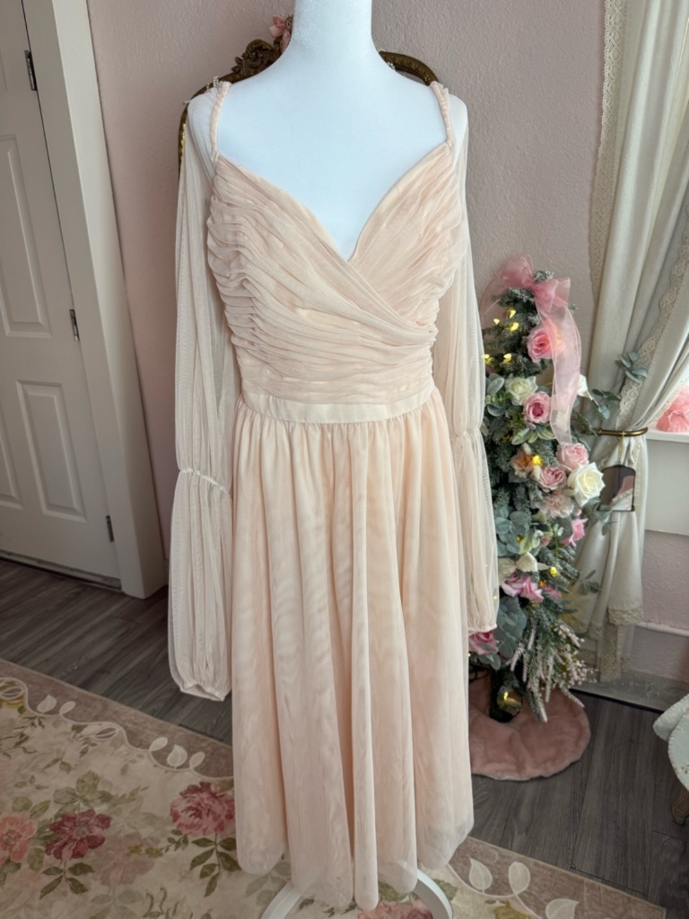 Eloquii Soft Blush Chiffon Midi Dress with Sheer Bishop Sleeves
